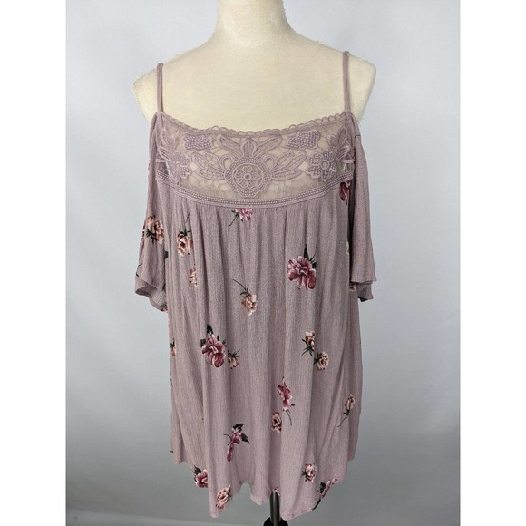 Torrid Cold Shoulder Top Light Purple Floral Plus Size 1 Gauze Lace Embroidered - Picture 4 of 13